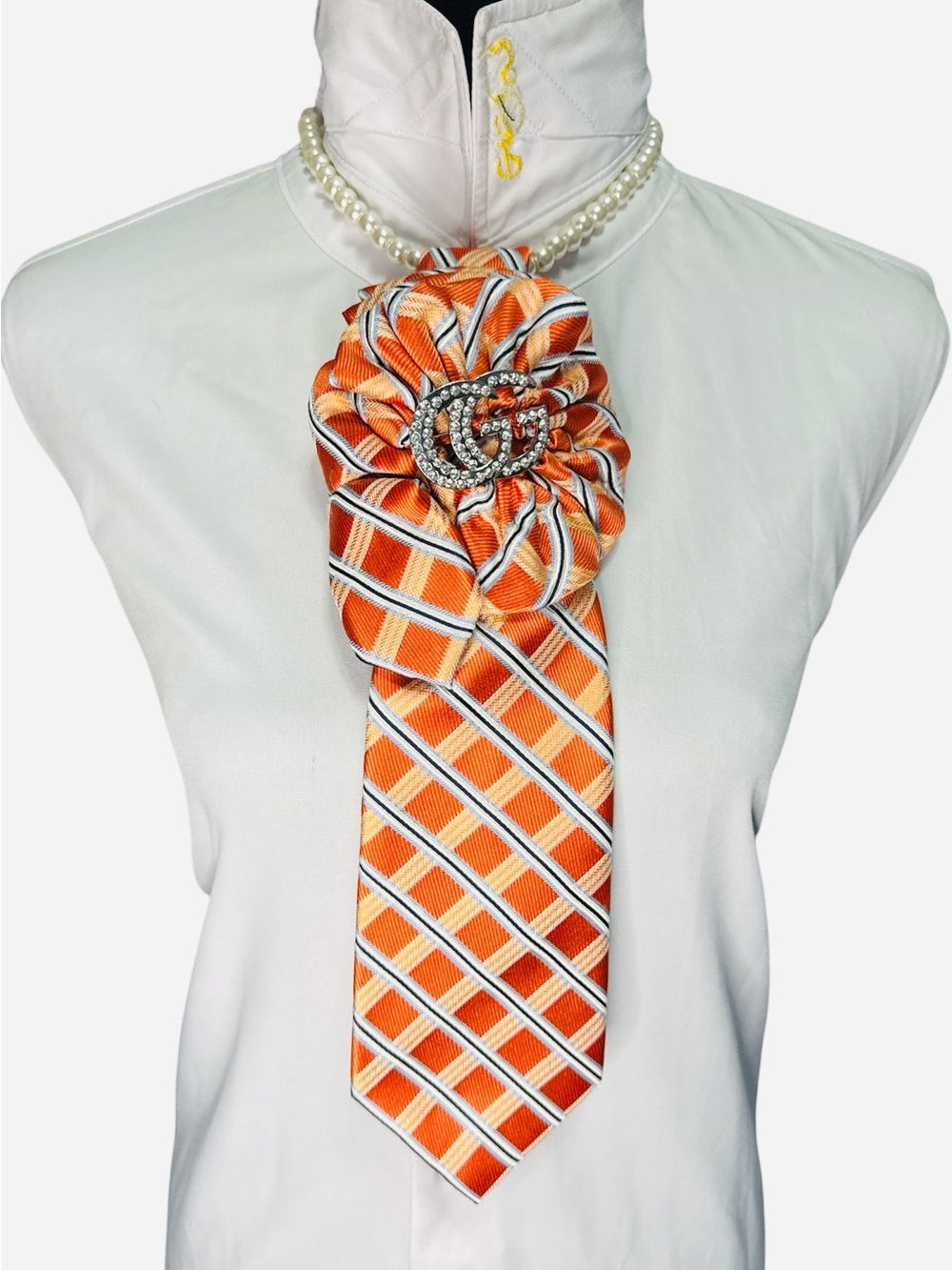Nautica Orange Striped Silk Necktie with Diamond Fashion Brooch